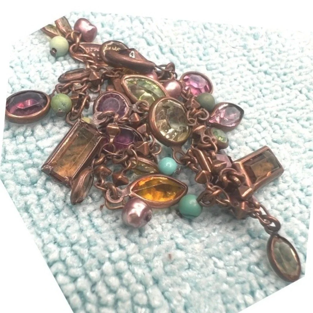 Liz Palacios SF Charm Bracelet Brass Bezel Set Crystals Multi Colored 7.5 READ